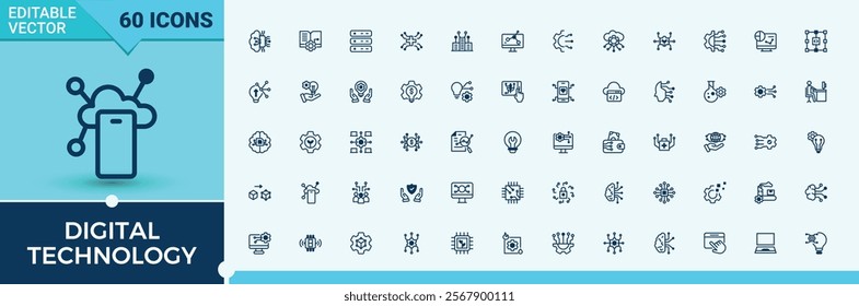 Digital Technology icon set. It contains symbols to smart, network, information, computing, computer, iot, info and more. Web icons. Outline and solid pictogram.