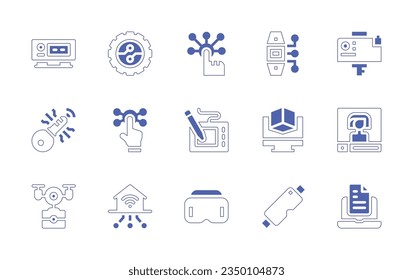Conjunto de iconos de tecnología digital. Curso de línea de estilo duotónico y negrita. Ilustración vectorial. Con reloj digital, digitalización, cámara digital, clave digital, tecnología, tablet, streaming, dron de cámara