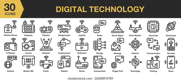 Digital Technology icon set. Includes router, signal, network, hologram, vr, and More. Outline icons vector collection.