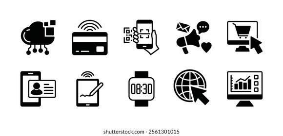 Digital technology icon vector set. Containing cloud computing, near field communication, scan barcode, social media, online shop, data analytics, network, smartwatch, personal data information