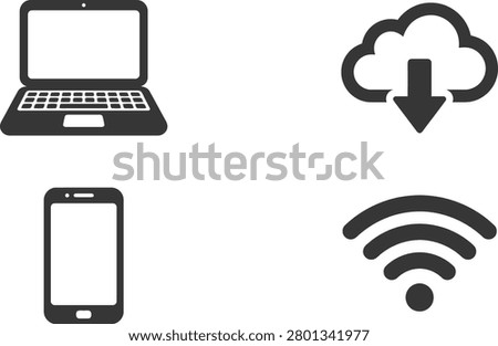 Digital technology icons featuring a laptop, smartphone, cloud download, and Wi-Fi symbol