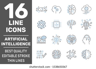 Digital Technology icons set. AI, Iot, Smart brain signs. AI, Smart brain, Hi-tech creative signs and logo elements. Editable Storke. EPS 10