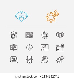 Digital technology icons set. Artificial intelligence and digital technology icons with data transfer, data center and bio technology. Set of cogwheel for web app logo UI design.