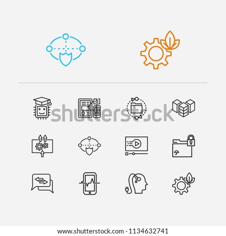 Digital technology icons set. Artificial intelligence and digital technology icons with data transfer, data center and bio technology. Set of cogwheel for web app logo UI design.