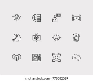 Digital technology icons set with big data, AI robot and data visualization. Set of digital technology icons also including cyberspace protect sign for your web app logo UI design.