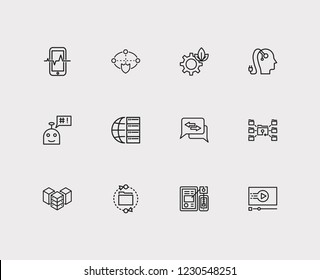 Digital technology icons set. Data center and digital technology icons with artificial intelligence, big data and data transfer. Set of device for web app logo UI design.