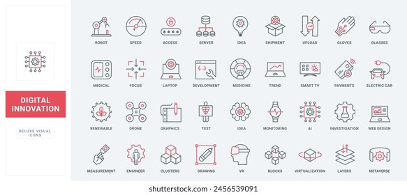 Digital technology, ideas for using AI line icons set. Medical equipment and smart TV, robot and drone of engineer, electric car and web design thin black and red outline symbols vector illustration