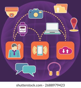 Digital technology illustration, communication connection in life, technology connection icon set
