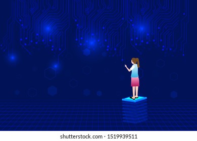 digital technology innovation and lines on abstract background. business woman analysis data driven on abstract background.