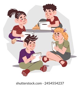 La technologie numérique et l'Internet pour les enfants, y compris les avantages et les risques des gadgets et des activités en ligne. Habitudes numériques sûres pour les enfants génétiquement modifiés, illustration vectorielle  isolée sur blanc.