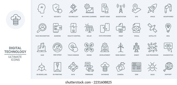 Digital technology, internet communication, machine development and learning thin line icons set vector illustration. Outline 3d model printing, apps for health control, recognition and diagnostics