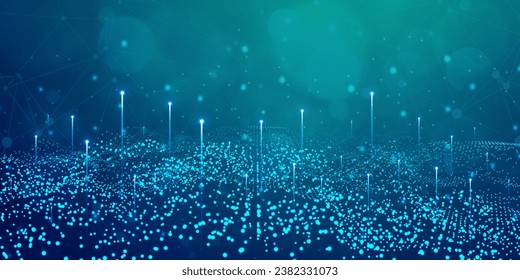 Digital technology internet network speed connection blue green background, cyber nano information, abstract communication, innovation future tech data, Ai big data lines dots, illustration vector 3d