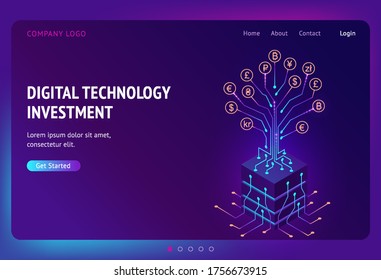 Digital technology investment isometric landing page. Business profit growth concept, returns on investment with money tree, currency and cryptocurrency coins on circuit branches, 3d vector web banner