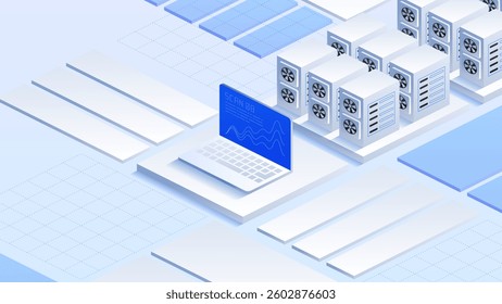 Digital technology isometric background with server racks and laptop. Laptop displaying waveforms with server racks and cooling fans; represents data processing, analysis, and digital infrastructure