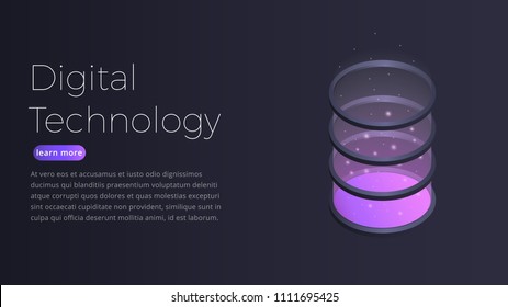 Digital technology isometric concept. Illustration of futuristic datacenter, big data processing, server hosting equipment