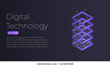 Digital technology isometric concept. Illustration of futuristic datacenter, big data processing, server hosting equipment