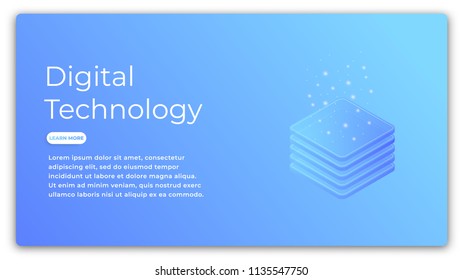 Digital technology isometric concept. Illustration of data analysis, big data processing, cloud computing. Futuristic computer technology