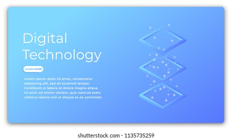 Digital technology isometric concept. Illustration of data analysis, big data processing, cloud computing. Futuristic computer technology