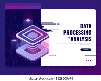 Digital technology isometric icon, data science and lab concept, landig page of information laboratory, analyses and research modern tech, ultraviolet vector