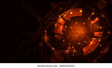 Digital technology with line hexagon concept adstract red light background.