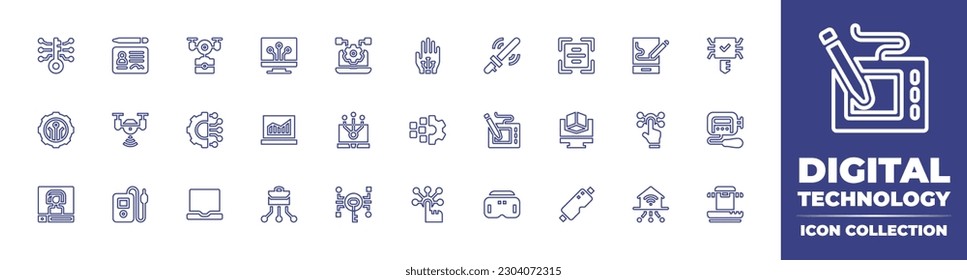 Digital technology line icon collection  Editable stroke  Vector illustration  Containing digital  signature  camera drone  digitalization  hand  ar wand  scan  digital drawing  key 