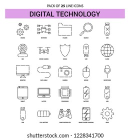 Digital Technology Line Icon Set - 25 Dashed Outline Style