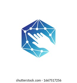 Digital technology logo, Hand touch hexagon polygonal dots, Simple flat logo style, Blue color
