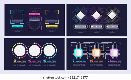 Digitale Technologie für die Herstellung von Infografik-Design Vorlage Set. Abstraktes Infochart Kit mit Kopienraum. Anleitung für Grafiken mit 3 Schritten. Visuelle Datendarstellung