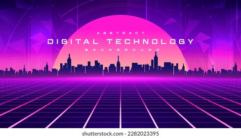 Digital technology metaverse neon blue pink purple background, cyber information, abstract speed connect communication, retro future meta tech, internet network connection, Ai big data illustration 3d