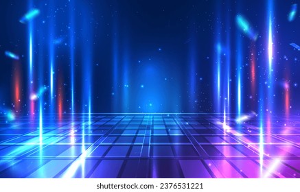 Digital technology metaverse neon blue pink background. Cyber science tech, Innovation communication future, Ai big data. Metaverse virtual reality technology. Futuristic night street. Vector EPS10.