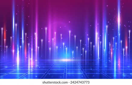 Digital technology metaverse neon blue pink background with speed motion glowing light effect. Speed connect communication, innovation future meta tech,Ai big data. Science and Technology Vector EPS10