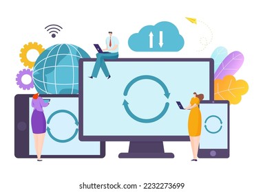 Digital technology modern gadget, wireless syncing device, synchronization data information flat vector illustration, isolated on white.