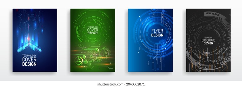 Digital technology and modern science concept. Vector template for brochure or cover with high tech elements background. Business layout, futuristic brochures, flyers, placards, presentation.