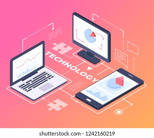 Digital technology - modern vector colorful isometric illustration on red background with copy space for text. Banner with laptop, computer monitor, smartphone, infographic charts, diagrams on screens Digital technology - modern vector colorful isometric illustration on red background with copy space for text. Banner with laptop, computer monitor, smartphone, infographic charts, diagrams on screens
