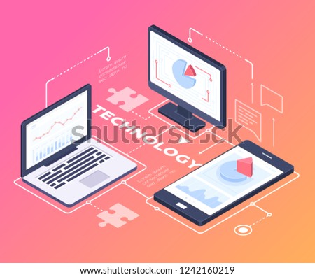Digital technology - modern vector colorful isometric illustration on red background with copy space for text. Banner with laptop, computer monitor, smartphone, infographic charts, diagrams on screens