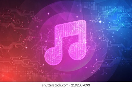 Digital technology music note melody song sheet banner blue pink background, Sound sing media key, abstract tech innovation future, orange color big data, Ai network connection, illustration vector