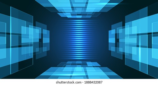 Tecnología digital neon blue fondo abstracto. Formas geométricas, rectángulos de movimiento en el espacio. Diseño de perspectiva futurista. Resumen de los antecedentes de ciencia o tecnología de negocios.