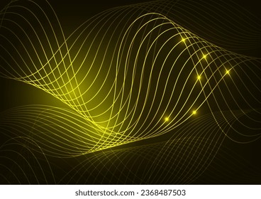 Digital technology neon light line dark yellow wave background. vector illustration.