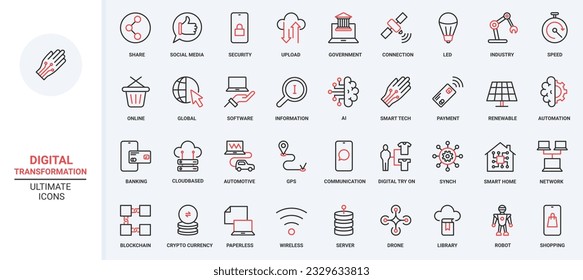 Digital technology, network communication and equipment trendy red black thin line icons set vector illustration. Smart home security, payment and shopping, drone and robot automation, data transfer