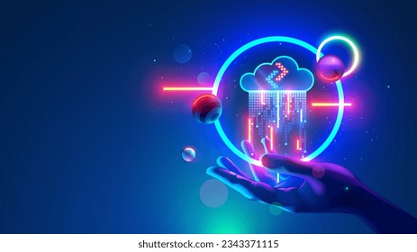 Digital technology network concept. Icon digital cloud over hand in neon lights. Digital rain of data comes from digital cloud. Internet Datum storage synchronization. upload or download information.