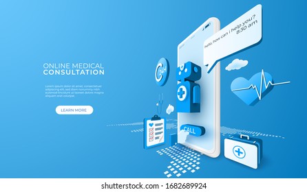 Digital technology online medical consultation. mobile application concept. people calls doctor. 3d perspective vector illustration.