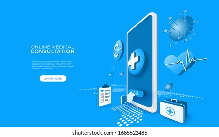 Digital technology online medical consultation with covid 19 or coronavirus. mobile app concept. people calls doctor. 3d perspective vector illustration.