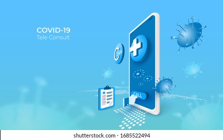 Digital technology online medical consultation with covid 19 or coronavirus. mobile app concept. people calls doctor. 3d perspective vector illustration.