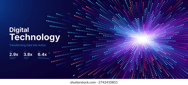 Digital Technology Particle Burst Background with Radiant Neon Dot Matrix Explosion and Dynamic Perspective Light Trails. Vector Illustration.