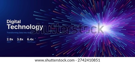 Digital Technology Particle Burst Background with Radiant Neon Dot Matrix Explosion and Dynamic Perspective Light Trails. Vector Illustration.