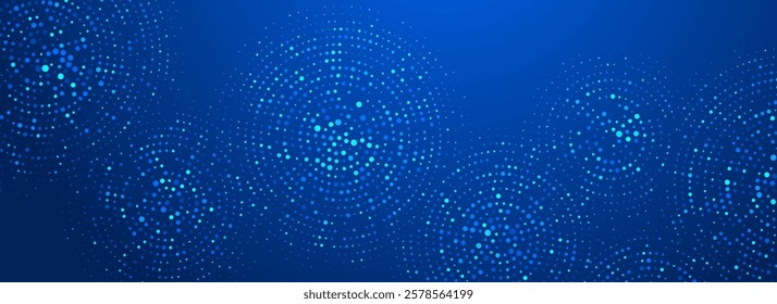 Digital technology pattern wallpaper. Glowing blue dotted circle background. Abstract dot round grid backdrop for business, science, healthcare, medicine, finance. Vector navy texture surface