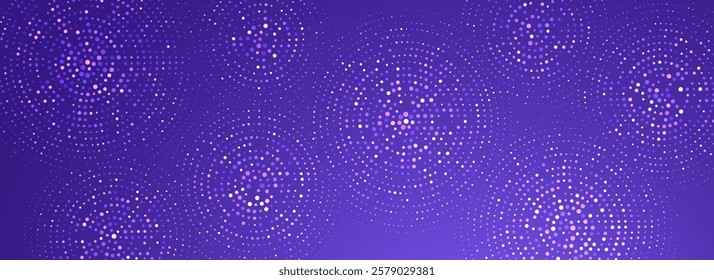 Digital technology pattern wallpaper. Glowing purple dotted circle background. Abstract dot round grid backdrop for business, science, healthcare, medicine, finance. Vector violet texture surface