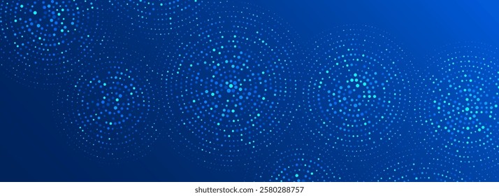 Digital technology pattern wallpaper. Glowing blue dotted circle background. Abstract dot round grid backdrop for business, science, healthcare, medicine, finance. Vector navy shining texture surface