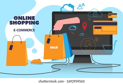 digital technology payment online internet shopping e-commerce marketing on application service sales product by credit card in vector illustrator, delivery logistic