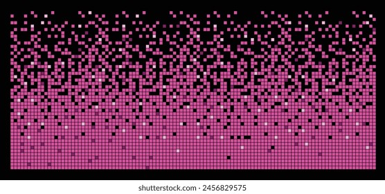 Tecnología digital de fondo retro pixel. Cuadrado de datos digitales Patrón simétrico de rectángulos de color rosa y negro sobre un fondo negro.